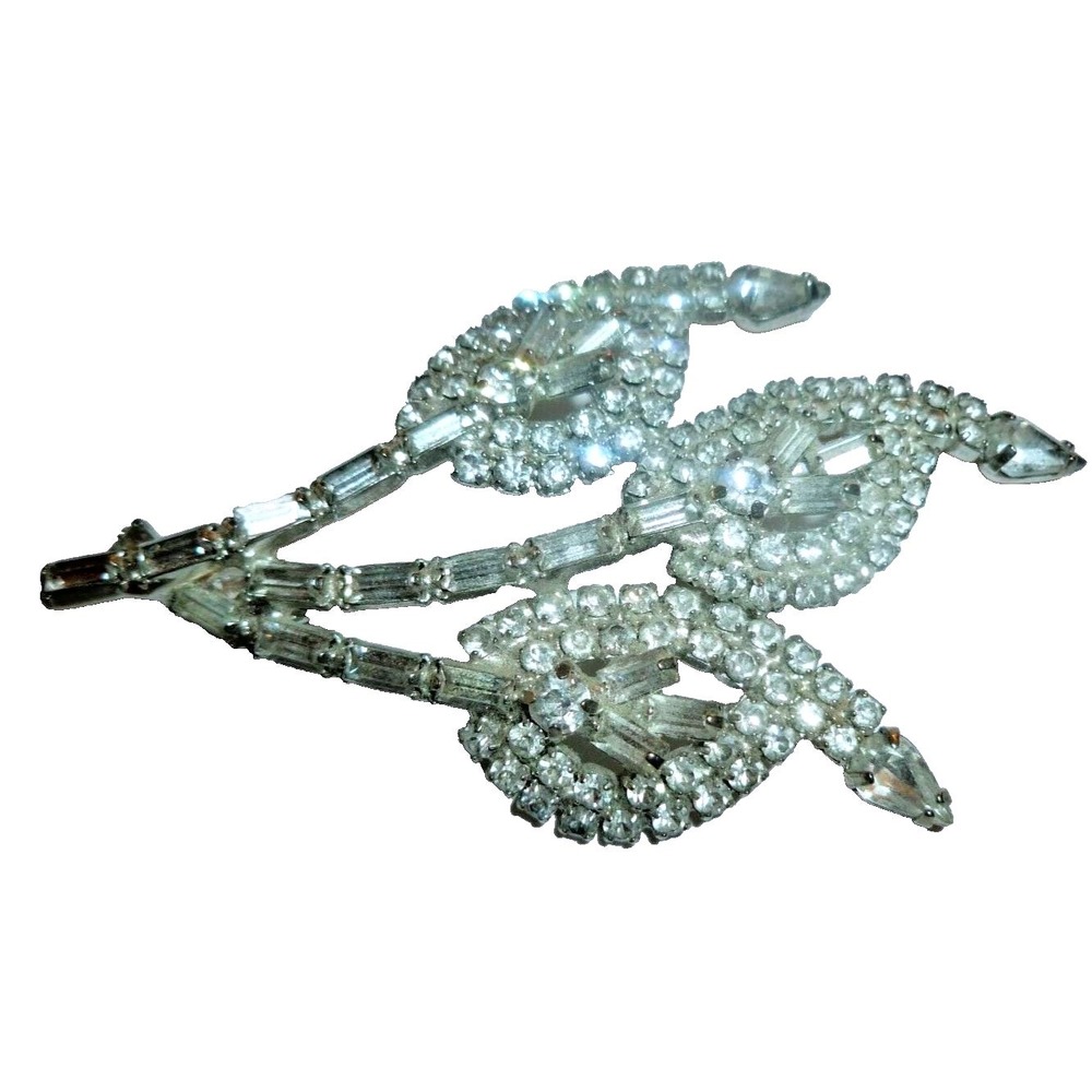 Vintage Clear Rhinestone Floral Spray Brooch Silver Tone Baguette Marquise Pin